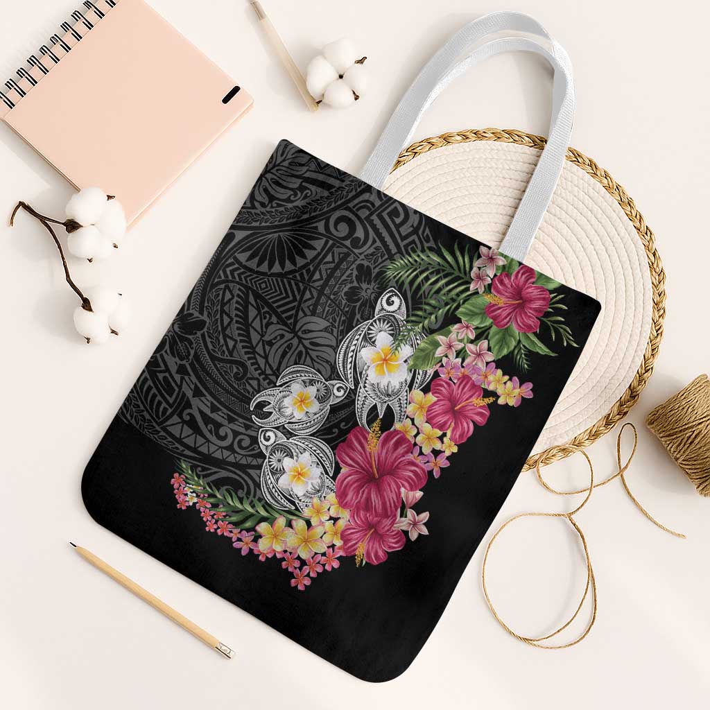 Hawaiian Tropical Flowers and Tribal Turtles Tote Bag Polynesian Art Motifs Black Color - Polynesian Pride