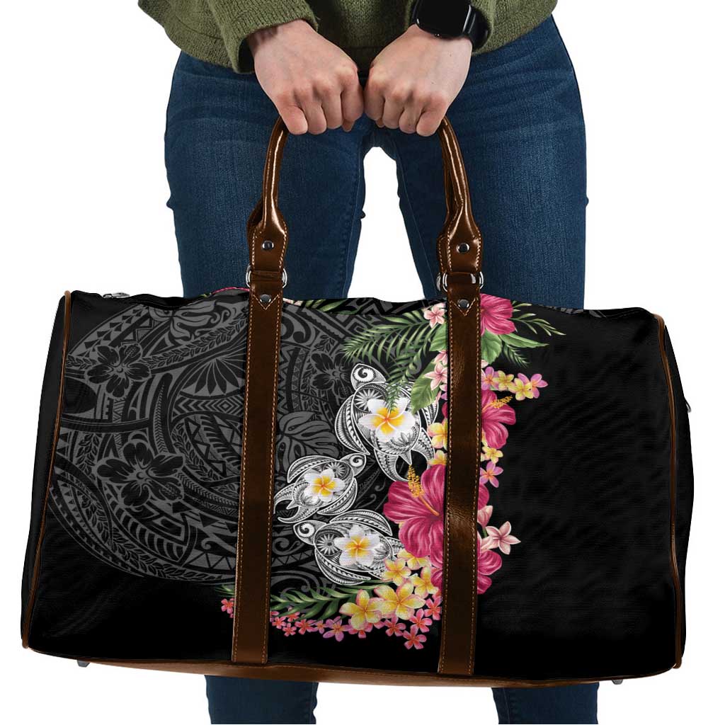 Hawaiian Tropical Flowers and Tribal Turtles Travel Bag Polynesian Art Motifs Black Color LT03 Black - Polynesian Pride