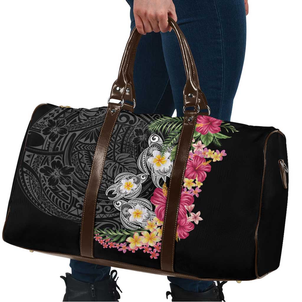 Hawaiian Tropical Flowers and Tribal Turtles Travel Bag Polynesian Art Motifs Black Color LT03 - Polynesian Pride