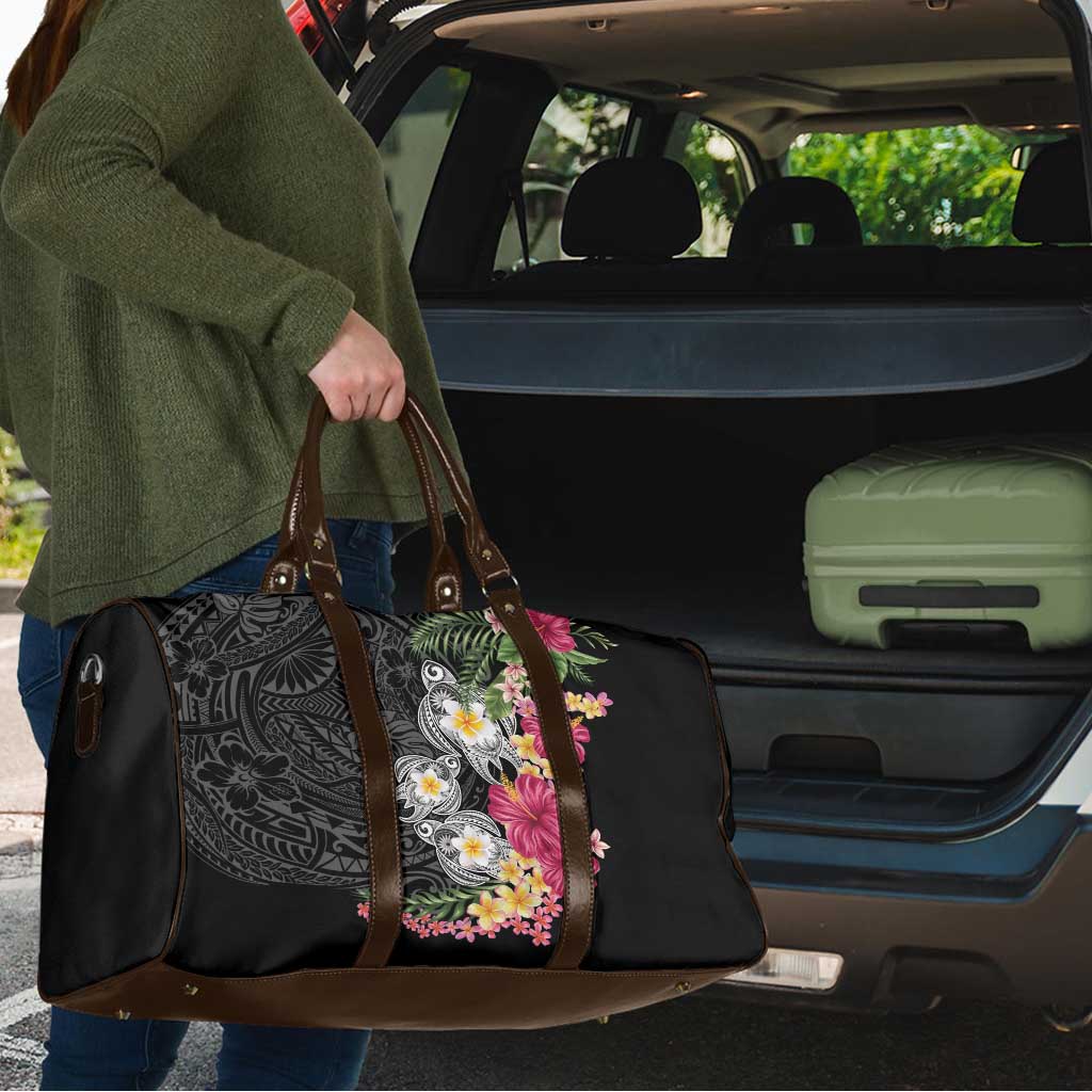 Hawaiian Tropical Flowers and Tribal Turtles Travel Bag Polynesian Art Motifs Black Color LT03 - Polynesian Pride