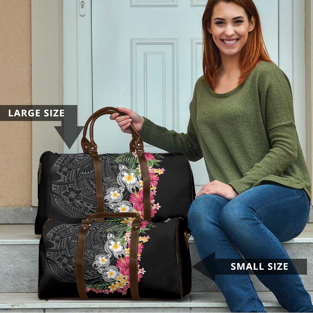 Hawaiian Tropical Flowers and Tribal Turtles Travel Bag Polynesian Art Motifs Black Color LT03 - Polynesian Pride