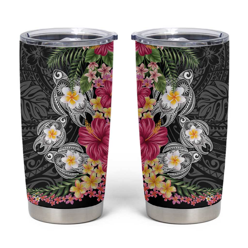 Hawaiian Tropical Flowers and Tribal Turtles Tumbler Cup Polynesian Art Motifs Black Color LT03 Black - Polynesian Pride