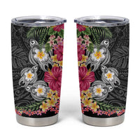 Hawaiian Tropical Flowers and Tribal Turtles Tumbler Cup Polynesian Art Motifs Black Color LT03 Black - Polynesian Pride