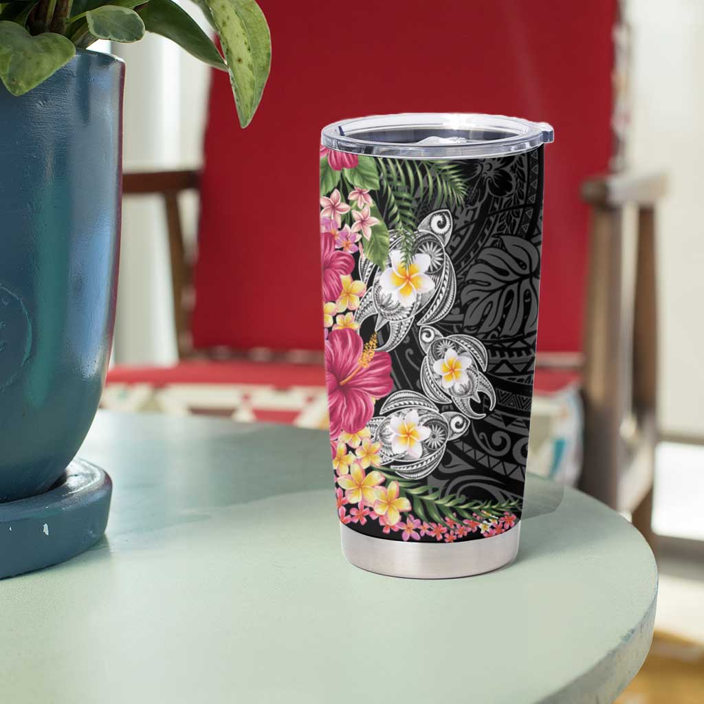 Hawaiian Tropical Flowers and Tribal Turtles Tumbler Cup Polynesian Art Motifs Black Color LT03 - Polynesian Pride