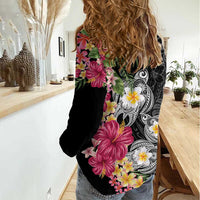 Hawaiian Tropical Flowers and Tribal Turtles Women Casual Shirt Polynesian Art Motifs Black Color LT03 - Polynesian Pride