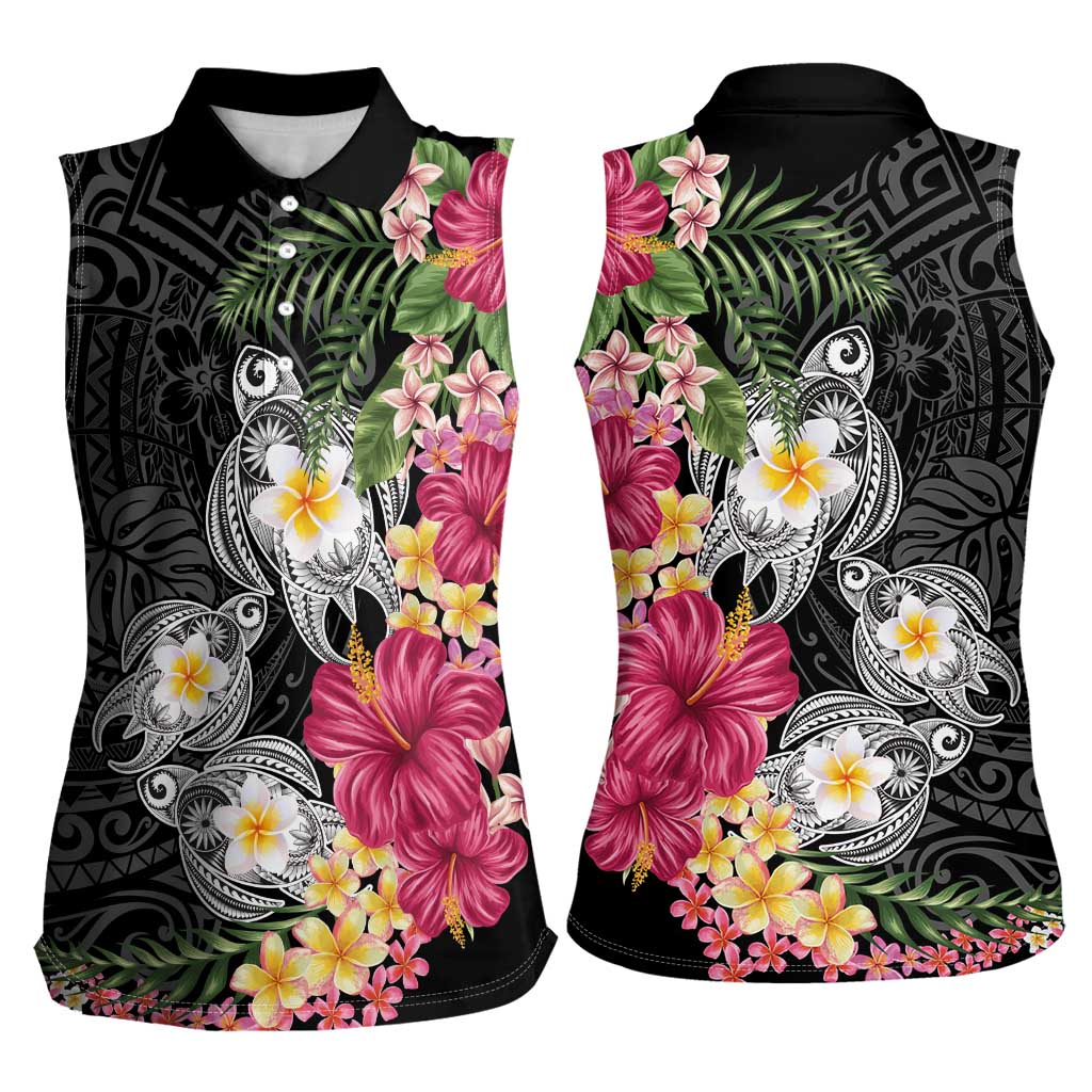 Hawaiian Tropical Flowers and Tribal Turtles Women Sleeveless Polo Shirt Polynesian Art Motifs Black Color LT03 - Polynesian Pride