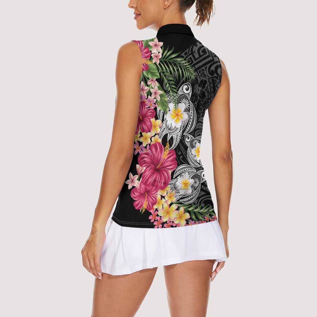 Hawaiian Tropical Flowers and Tribal Turtles Women Sleeveless Polo Shirt Polynesian Art Motifs Black Color LT03 - Polynesian Pride