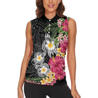 Hawaiian Tropical Flowers and Tribal Turtles Women Sleeveless Polo Shirt Polynesian Art Motifs Black Color LT03 - Polynesian Pride