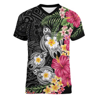 Hawaiian Tropical Flowers and Tribal Turtles Women V-Neck T-Shirt Polynesian Art Motifs Black Color LT03 Female Black - Polynesian Pride