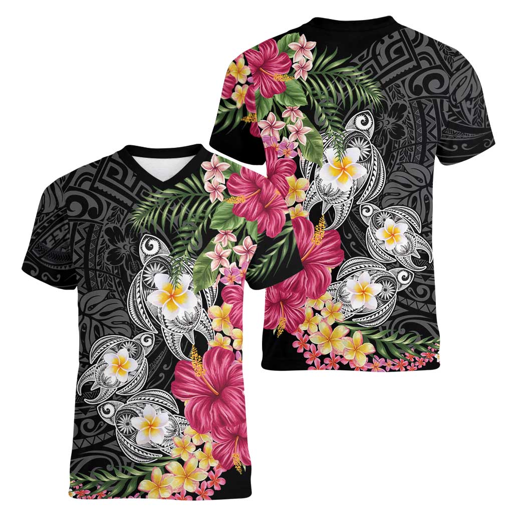 Hawaiian Tropical Flowers and Tribal Turtles Women V-Neck T-Shirt Polynesian Art Motifs Black Color LT03 - Polynesian Pride