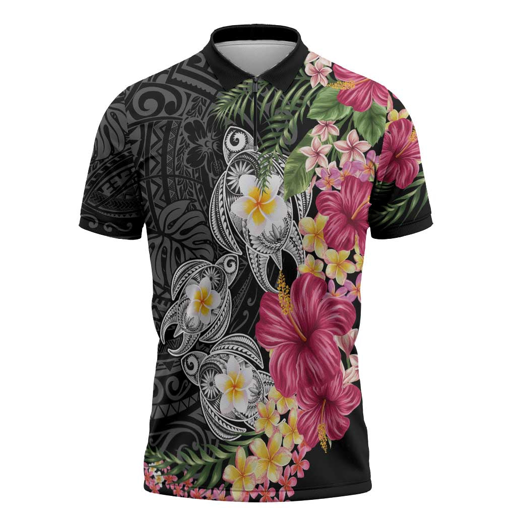 Hawaiian Tropical Flowers and Tribal Turtles Zipper Polo Shirt Polynesian Art Motifs Black Color LT03 Black - Polynesian Pride