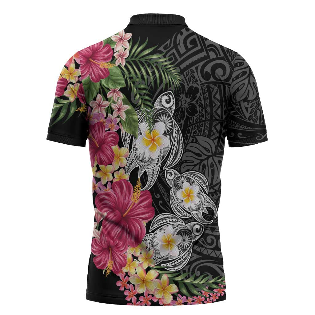 Hawaiian Tropical Flowers and Tribal Turtles Zipper Polo Shirt Polynesian Art Motifs Black Color LT03 - Polynesian Pride