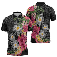 Hawaiian Tropical Flowers and Tribal Turtles Zipper Polo Shirt Polynesian Art Motifs Black Color LT03 - Polynesian Pride