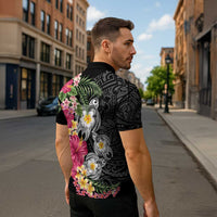 Hawaiian Tropical Flowers and Tribal Turtles Zipper Polo Shirt Polynesian Art Motifs Black Color LT03 - Polynesian Pride