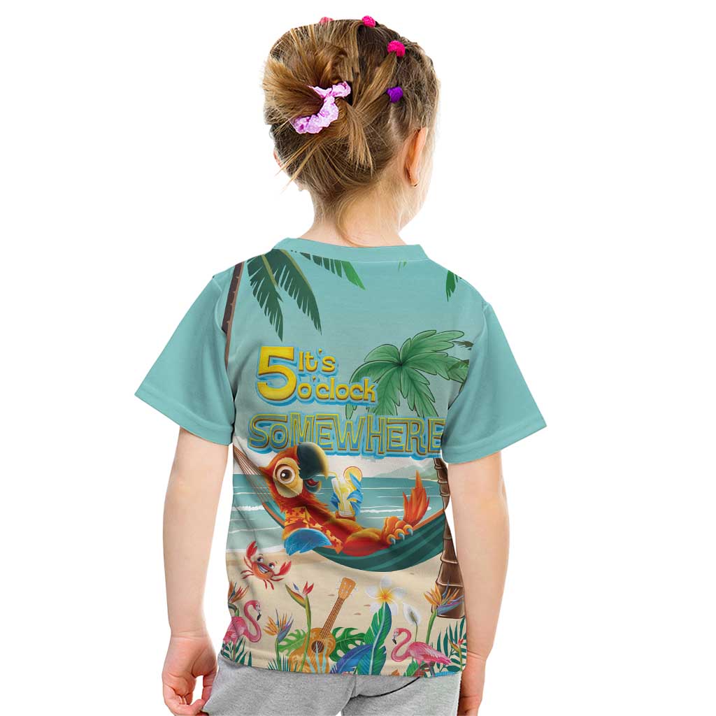 Aloha Hawaii It's 5 o'clock Somewhere Kid T Shirt Chill Parrot on Beach with Tropical Plants - Polynesian Pride