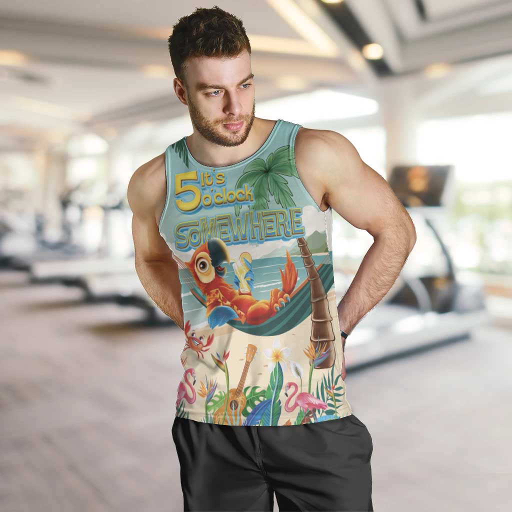 Aloha Hawaii It's 5 o'clock Somewhere Men Tank Top Chill Parrot on Beach with Tropical Plants - Polynesian Pride