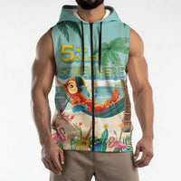 Aloha Hawaii It's 5 o'clock Somewhere Sleeveless Zip Hoodie Chill Parrot on Beach with Tropical Plants - Polynesian Pride