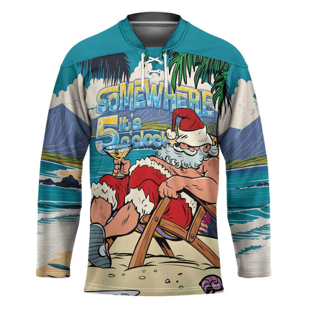 Mele Kalikimaka Hawaii It's 5 o'clock Somewhere Hockey Jersey Funny Lazy Santa Claus Chilling with Cocktail - Polynesian Pride