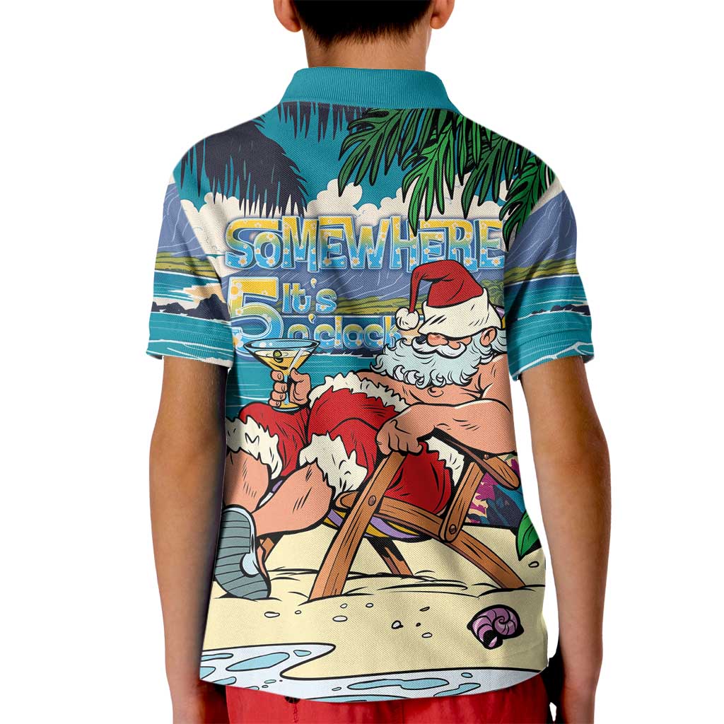 Mele Kalikimaka Hawaii It's 5 o'clock Somewhere Kid Polo Shirt Funny Lazy Santa Claus Chilling with Cocktail - Polynesian Pride