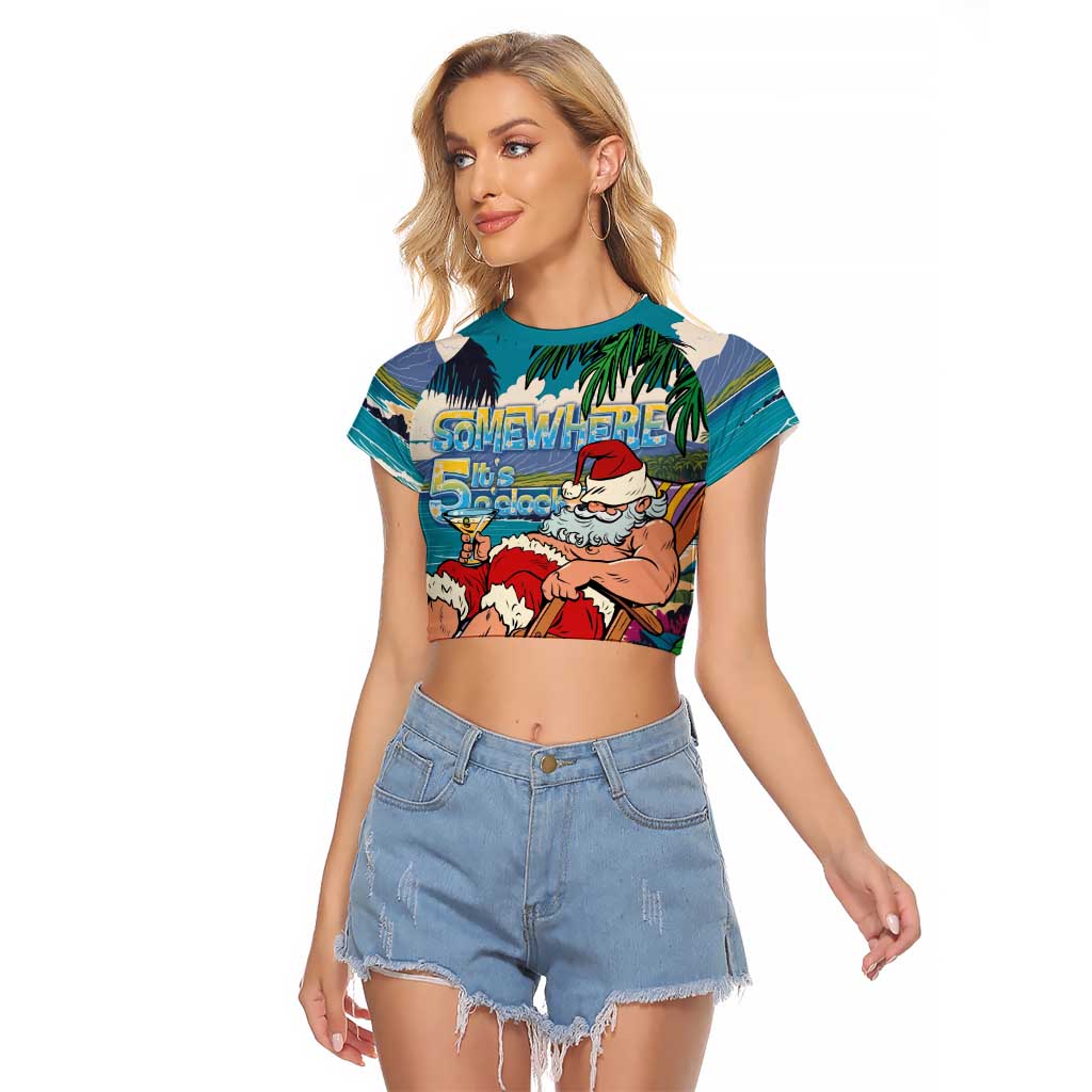 Mele Kalikimaka Hawaii It's 5 o'clock Somewhere Raglan Cropped T Shirt Funny Lazy Santa Claus Chilling with Cocktail - Polynesian Pride