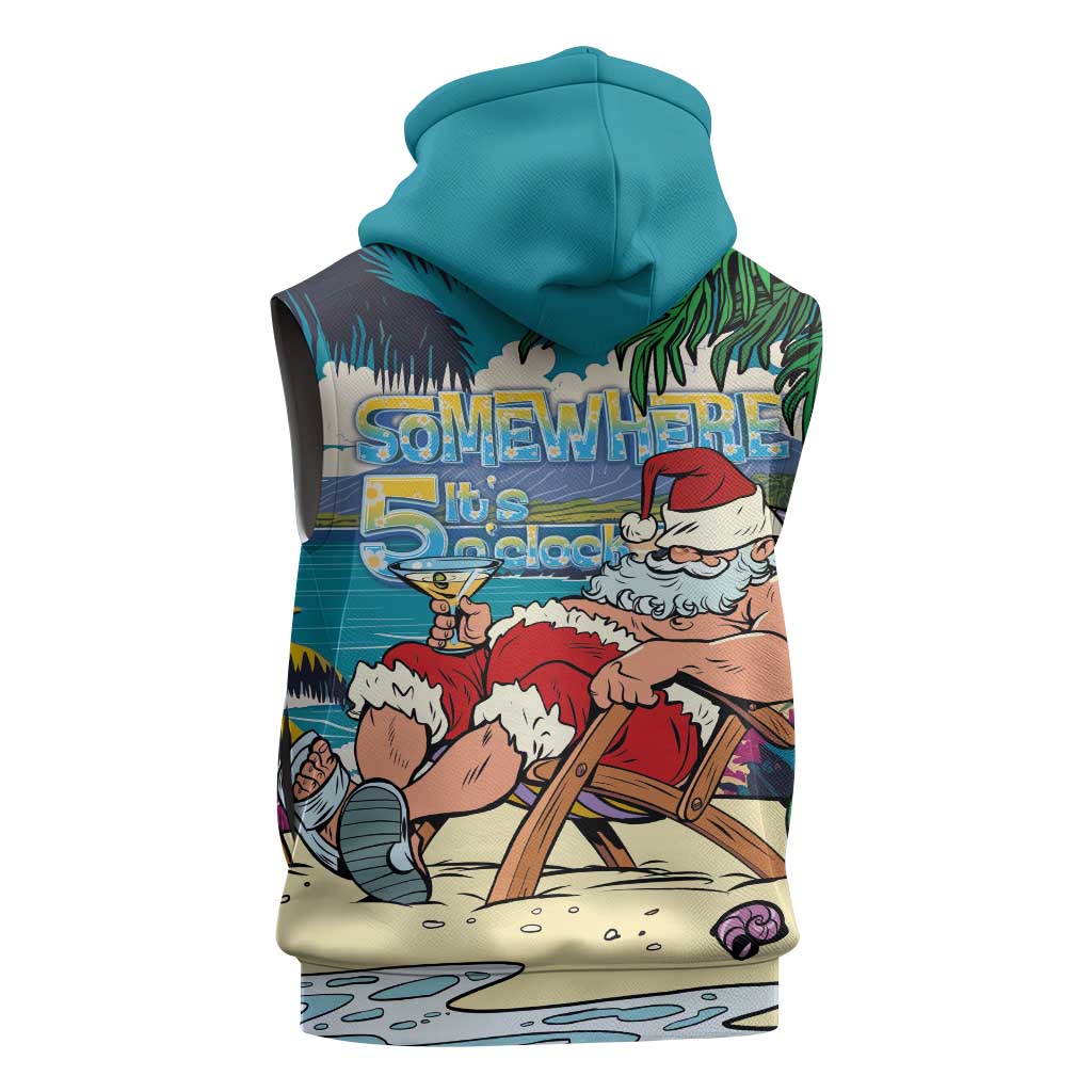 Mele Kalikimaka Hawaii It's 5 o'clock Somewhere Sleeveless Zip Hoodie Funny Lazy Santa Claus Chilling with Cocktail - Polynesian Pride