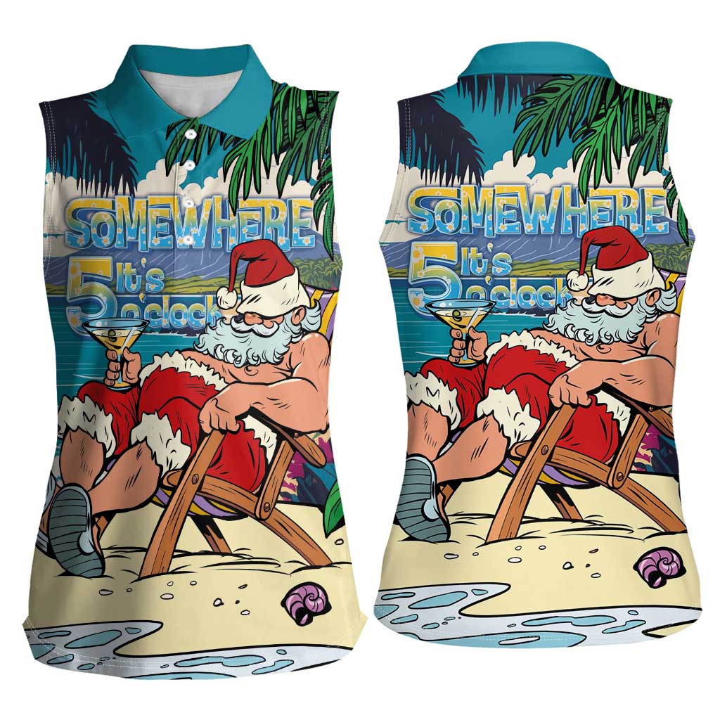 Mele Kalikimaka Hawaii It's 5 o'clock Somewhere Women Sleeveless Polo Shirt Funny Lazy Santa Claus Chilling with Cocktail LT03 - Polynesian Pride