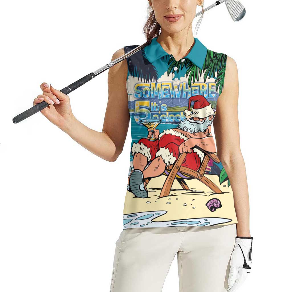 Mele Kalikimaka Hawaii It's 5 o'clock Somewhere Women Sleeveless Polo Shirt Funny Lazy Santa Claus Chilling with Cocktail LT03 - Polynesian Pride