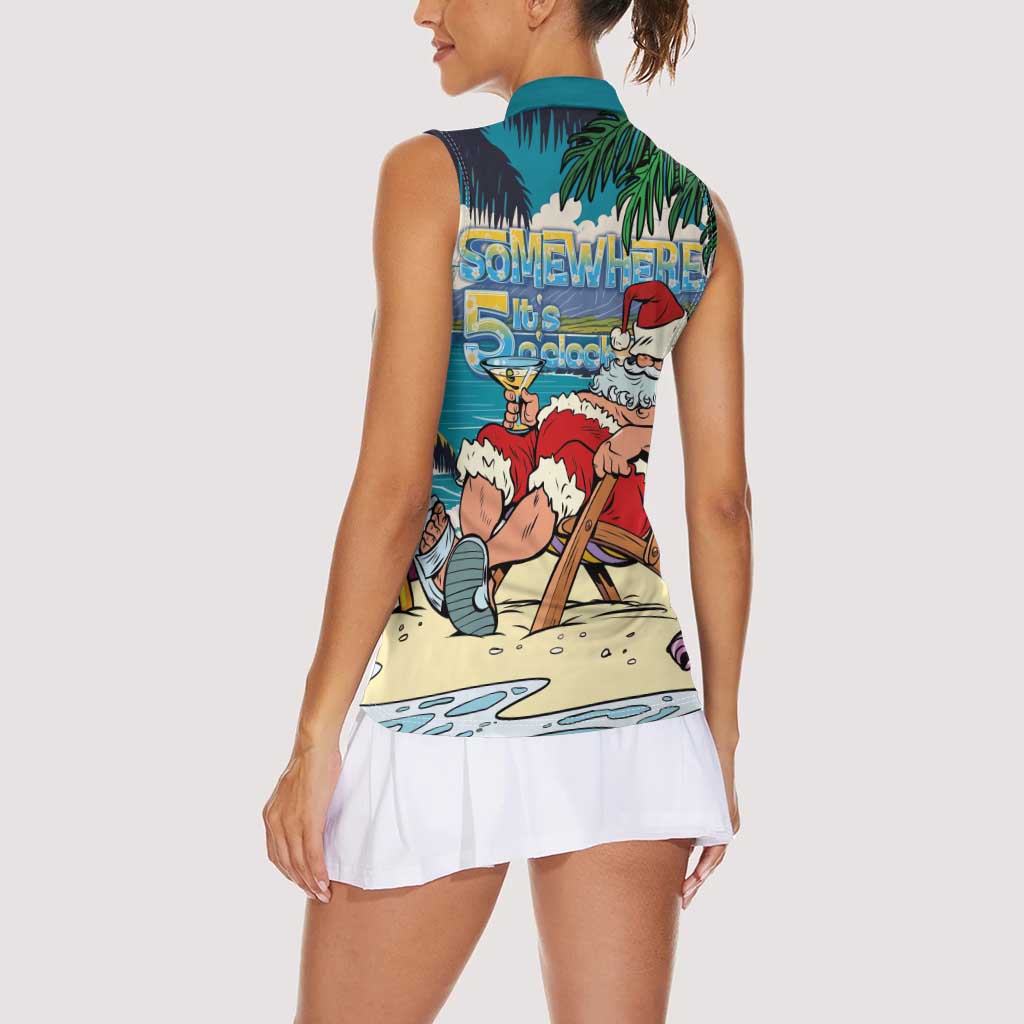 Mele Kalikimaka Hawaii It's 5 o'clock Somewhere Women Sleeveless Polo Shirt Funny Lazy Santa Claus Chilling with Cocktail LT03 - Polynesian Pride
