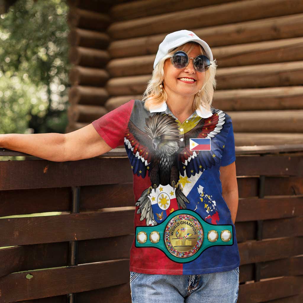 Custom Philippines World Champion Boxing Women Polo Shirt Eagle-Grunge Design - Polynesian Pride