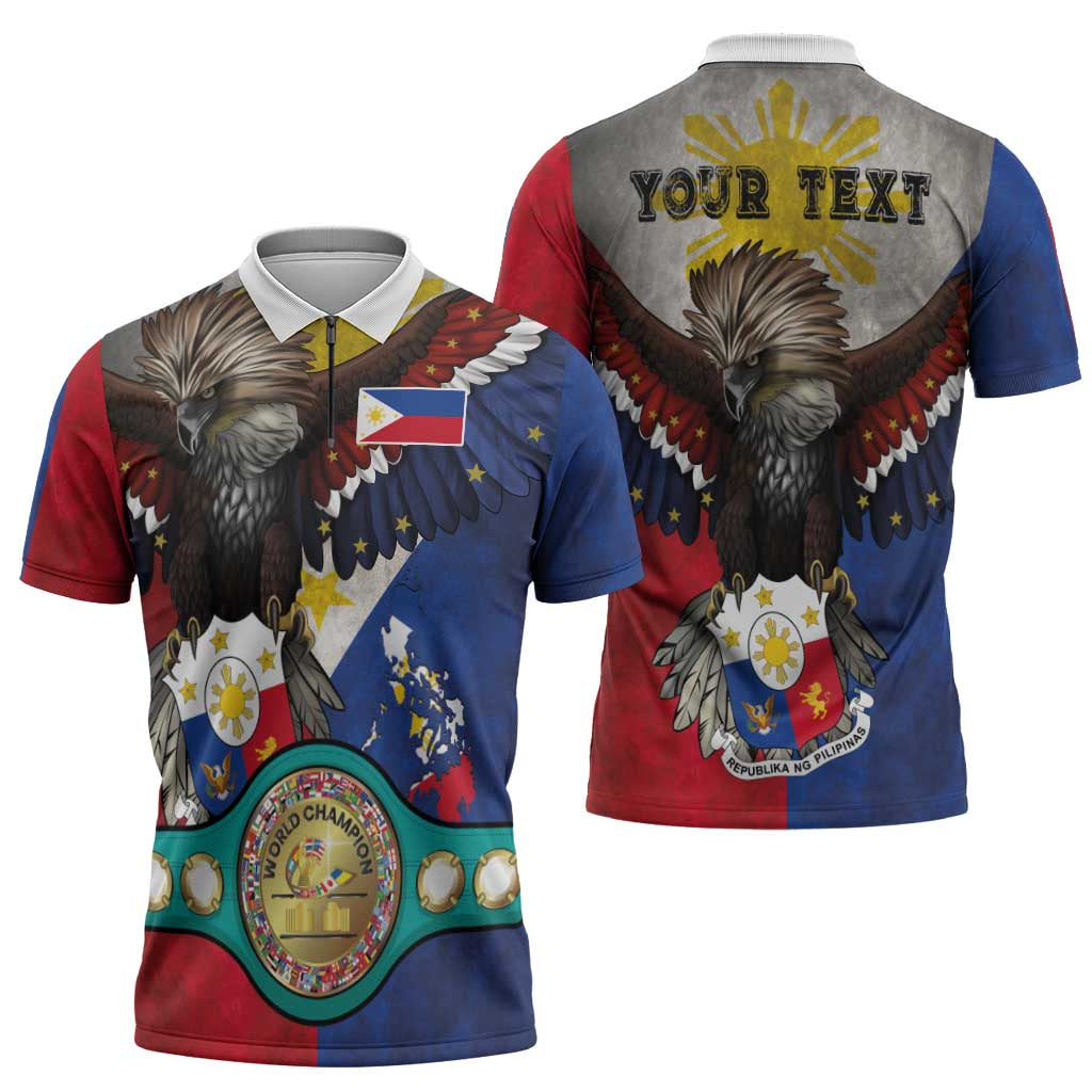 Custom Philippines World Champion Boxing Zipper Polo Shirt Eagle-Grunge Design - Polynesian Pride