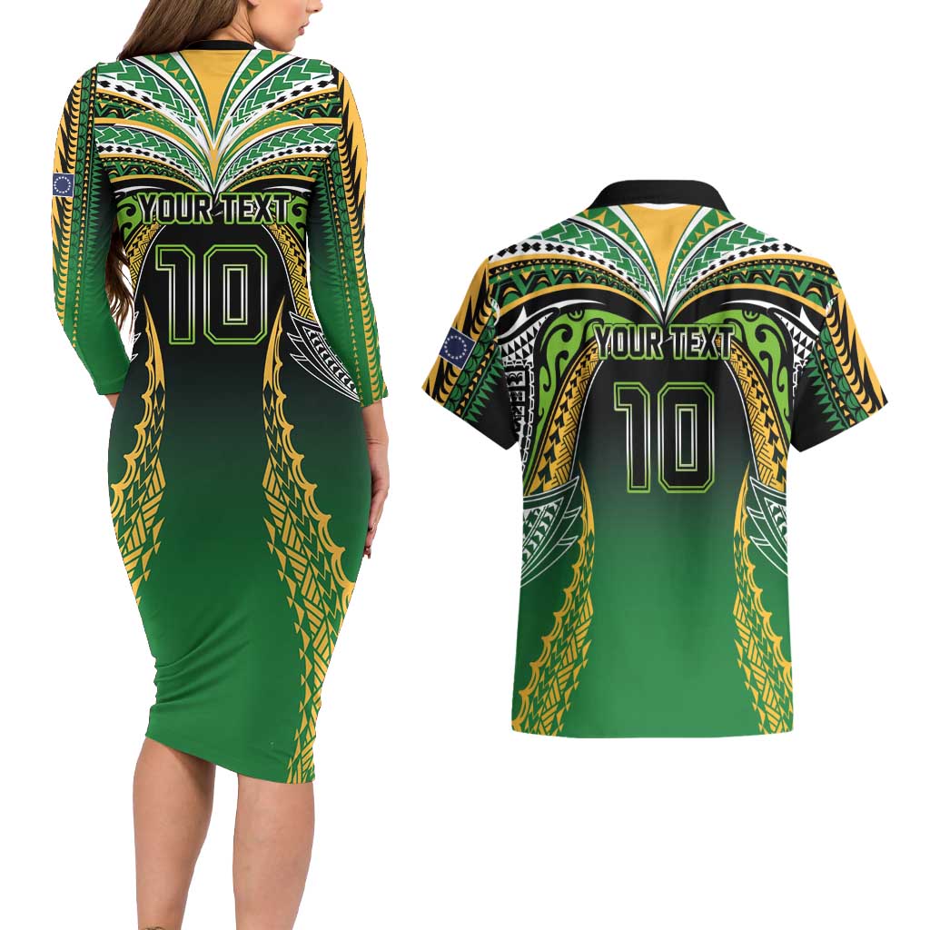 Custom Cook Islands Rugby League Couples Matching Long Sleeve Bodycon Dress and Hawaiian Shirt Avaiki Tatau Tribal Motifs Black Color LT03 - Polynesian Pride