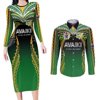 Custom Cook Islands Rugby League Couples Matching Long Sleeve Bodycon Dress and Long Sleeve Button Shirt Avaiki Tatau Tribal Motifs Black Color LT03 Black - Polynesian Pride