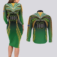 Custom Cook Islands Rugby League Couples Matching Long Sleeve Bodycon Dress and Long Sleeve Button Shirt Avaiki Tatau Tribal Motifs Black Color LT03 - Polynesian Pride