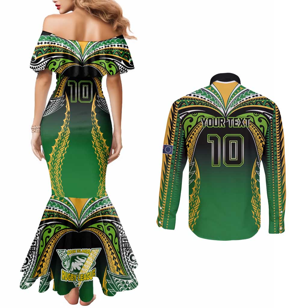 Custom Cook Islands Rugby League Couples Matching Mermaid Dress and Long Sleeve Button Shirt Avaiki Tatau Tribal Motifs Black Color LT03 - Polynesian Pride