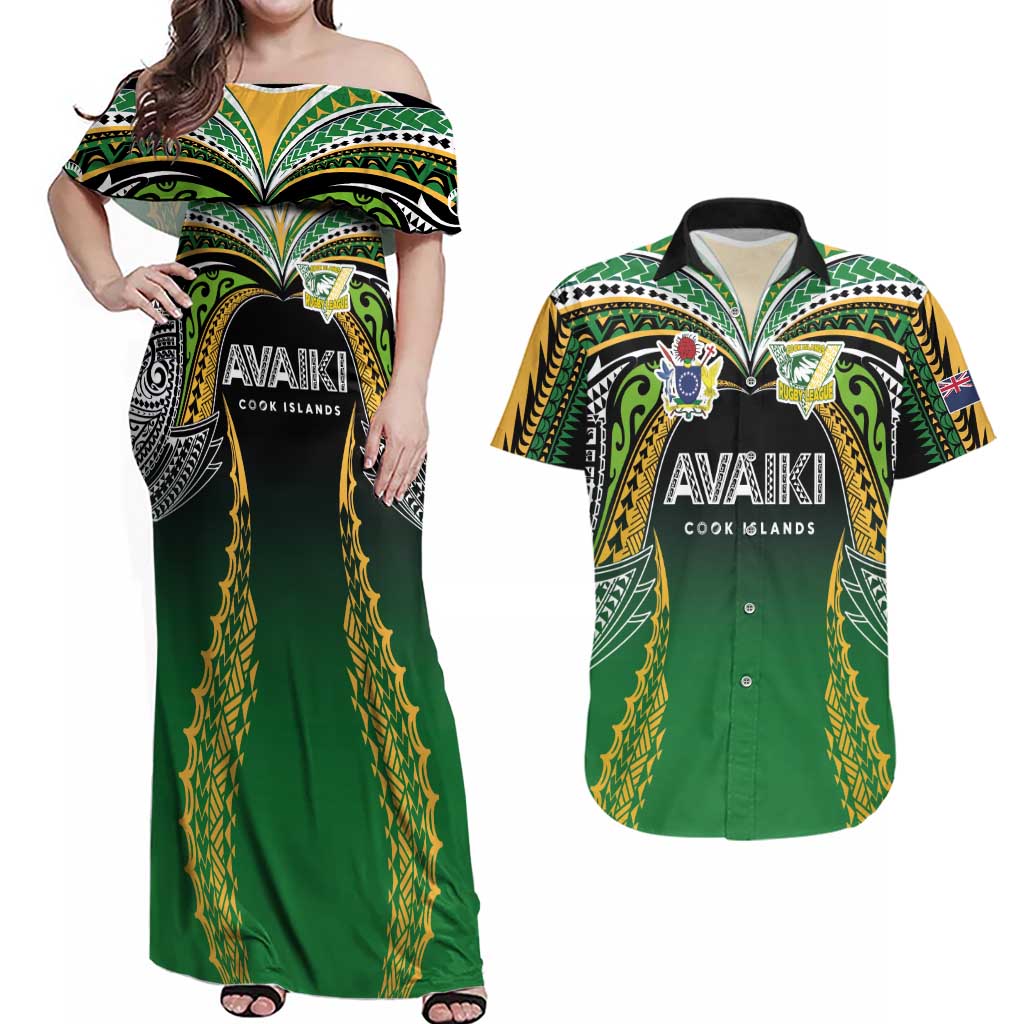 Custom Cook Islands Rugby League Couples Matching Off Shoulder Maxi Dress and Hawaiian Shirt Avaiki Tatau Tribal Motifs Black Color LT03 Black - Polynesian Pride