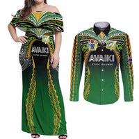 Custom Cook Islands Rugby League Couples Matching Off Shoulder Maxi Dress and Long Sleeve Button Shirt Avaiki Tatau Tribal Motifs Black Color LT03 Black - Polynesian Pride