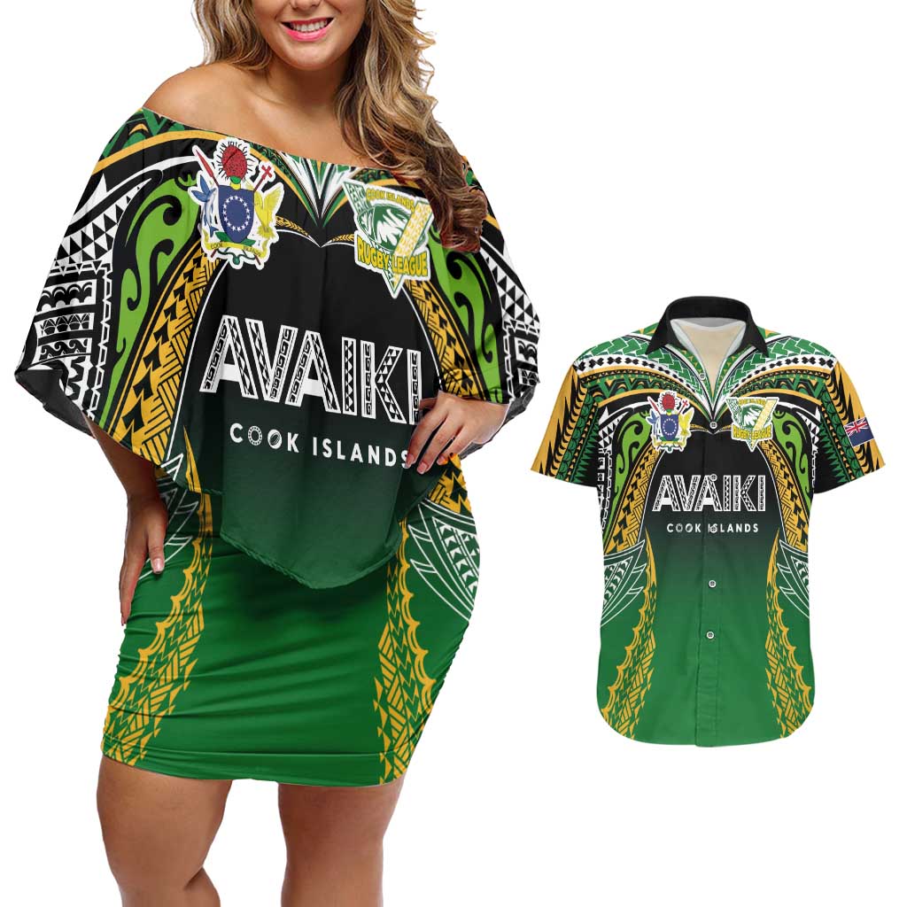 Custom Cook Islands Rugby League Couples Matching Off Shoulder Short Dress and Hawaiian Shirt Avaiki Tatau Tribal Motifs Black Color LT03 Black - Polynesian Pride
