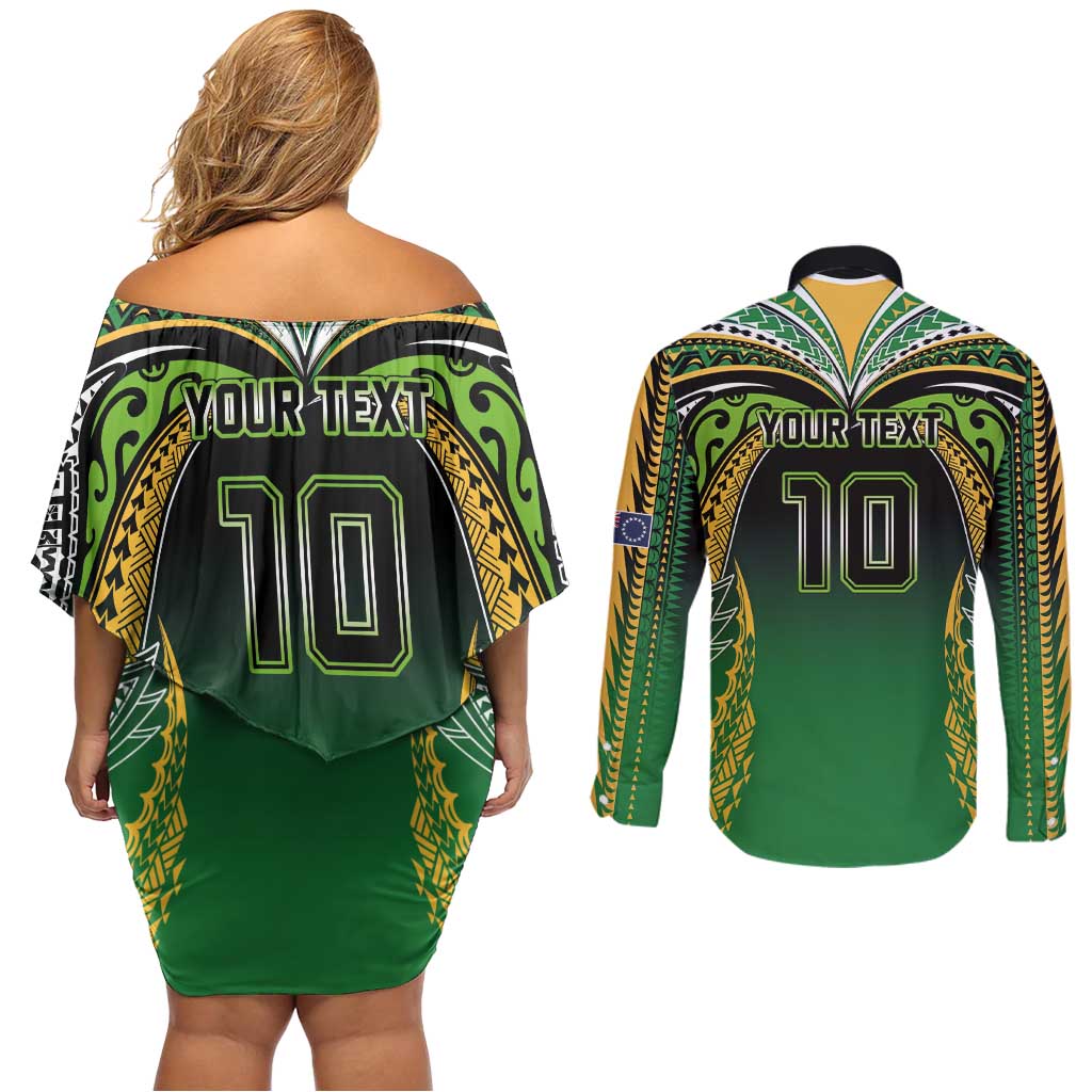 Custom Cook Islands Rugby League Couples Matching Off Shoulder Short Dress and Long Sleeve Button Shirt Avaiki Tatau Tribal Motifs Black Color LT03 - Polynesian Pride