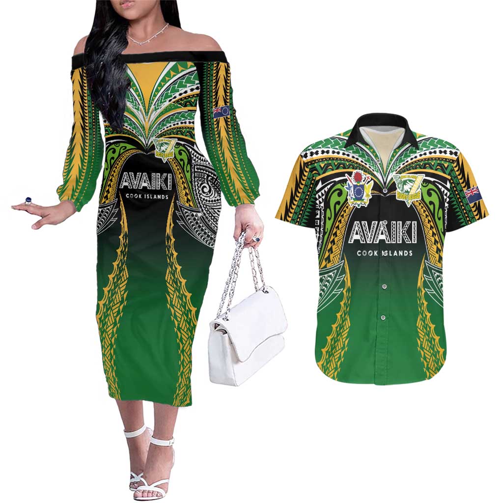 Custom Cook Islands Rugby League Couples Matching Off The Shoulder Long Sleeve Dress and Hawaiian Shirt Avaiki Tatau Tribal Motifs Black Color LT03 Black - Polynesian Pride