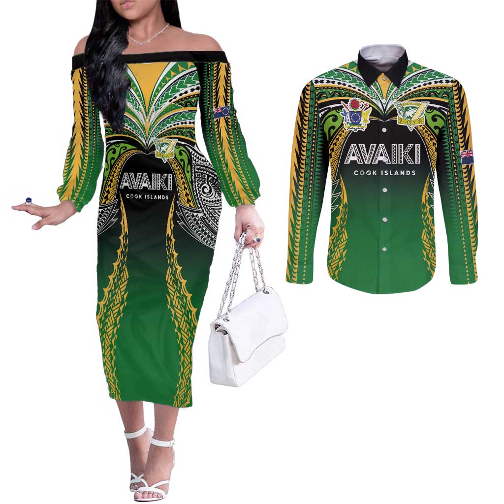 Custom Cook Islands Rugby League Couples Matching Off The Shoulder Long Sleeve Dress and Long Sleeve Button Shirt Avaiki Tatau Tribal Motifs Black Color LT03 Black - Polynesian Pride