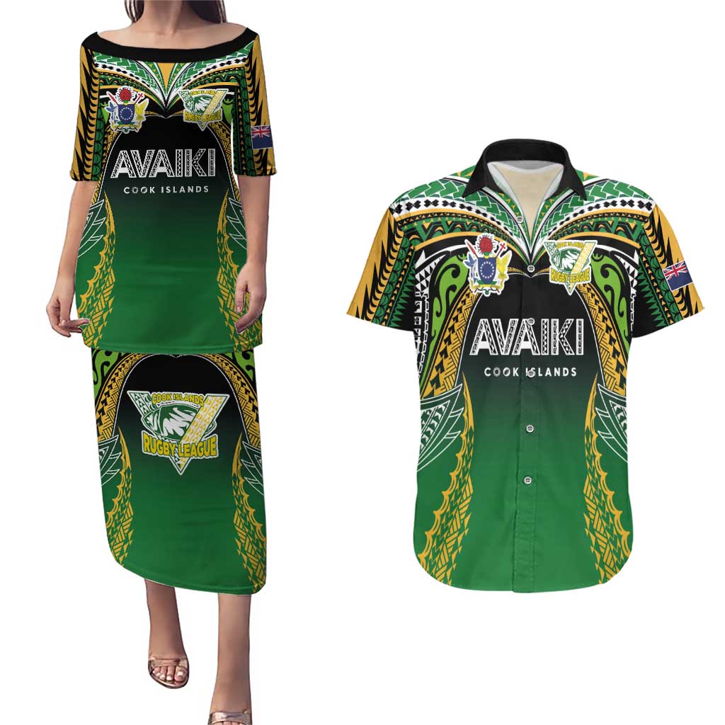 Custom Cook Islands Rugby League Couples Matching Puletasi and Hawaiian Shirt Avaiki Tatau Tribal Motifs Black Color - Polynesian Pride