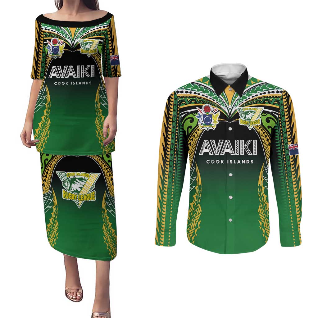 Custom Cook Islands Rugby League Couples Matching Puletasi and Long Sleeve Button Shirt Avaiki Tatau Tribal Motifs Black Color LT03 Black - Polynesian Pride