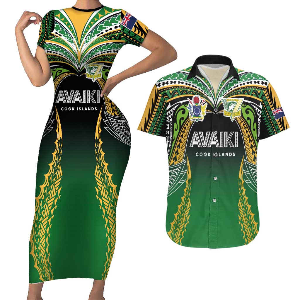 Custom Cook Islands Rugby League Couples Matching Short Sleeve Bodycon Dress and Hawaiian Shirt Avaiki Tatau Tribal Motifs Black Color LT03 Black - Polynesian Pride