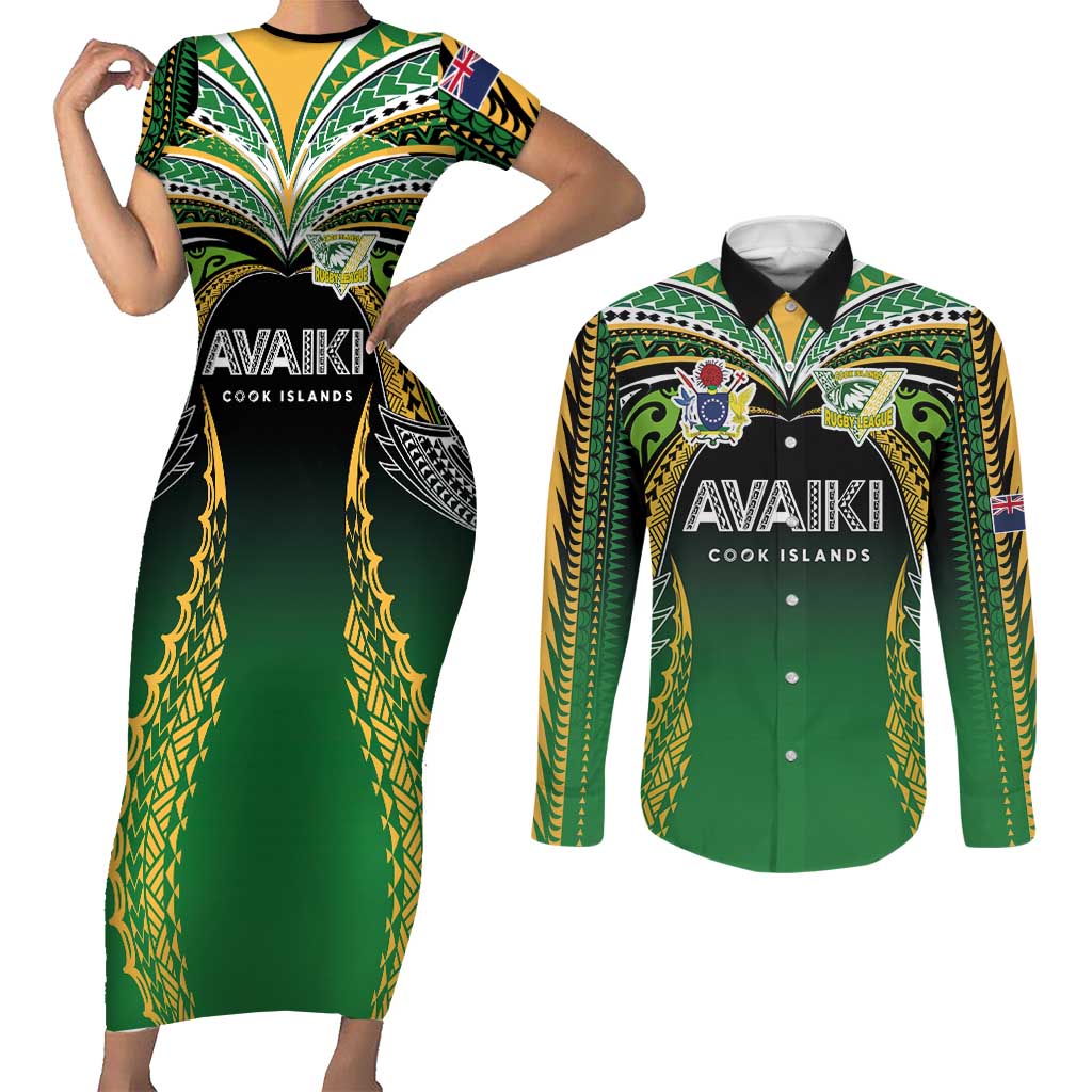 Custom Cook Islands Rugby League Couples Matching Short Sleeve Bodycon Dress and Long Sleeve Button Shirt Avaiki Tatau Tribal Motifs Black Color - Polynesian Pride