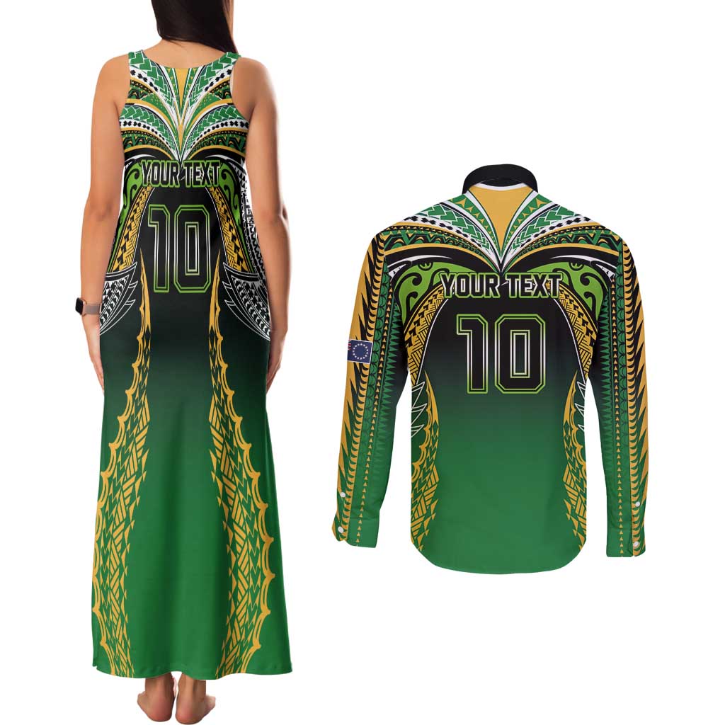 Custom Cook Islands Rugby League Couples Matching Tank Maxi Dress and Long Sleeve Button Shirt Avaiki Tatau Tribal Motifs Black Color LT03 - Polynesian Pride