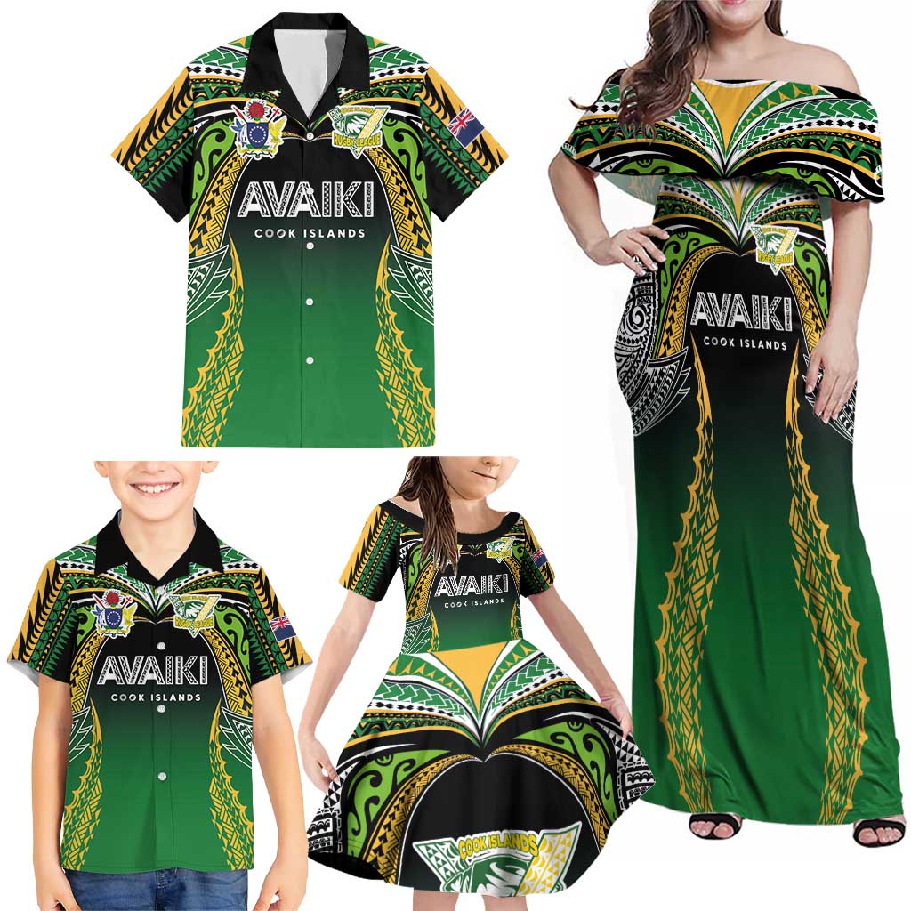 Custom Cook Islands Rugby League Family Matching Off Shoulder Maxi Dress and Hawaiian Shirt Avaiki Tatau Tribal Motifs Black Color - Polynesian Pride