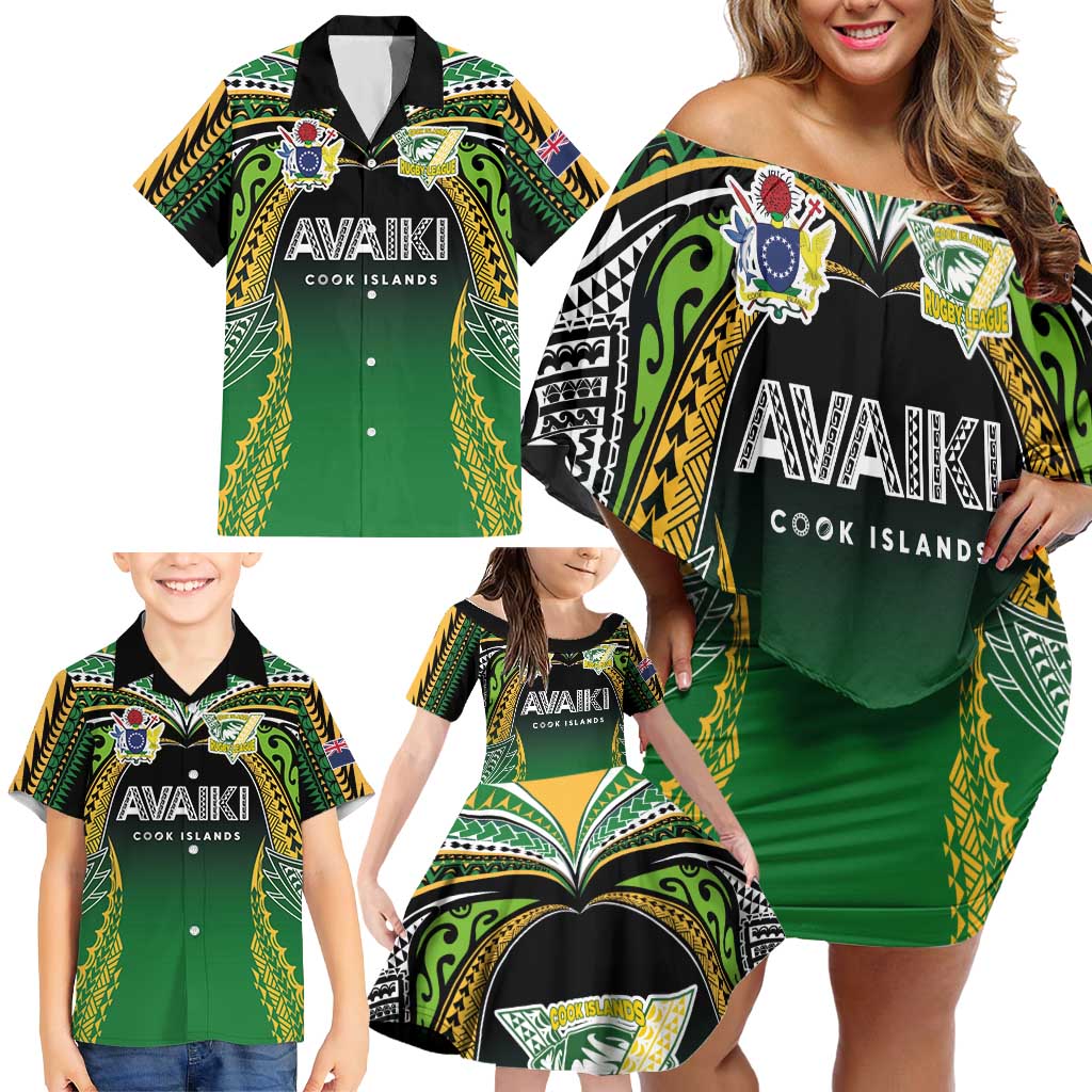 Custom Cook Islands Rugby League Family Matching Off Shoulder Short Dress and Hawaiian Shirt Avaiki Tatau Tribal Motifs Black Color LT03 - Polynesian Pride
