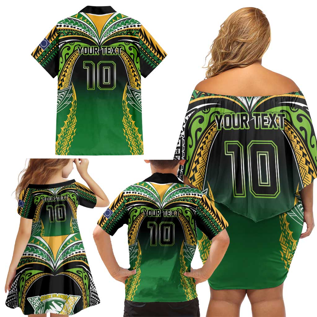 Custom Cook Islands Rugby League Family Matching Off Shoulder Short Dress and Hawaiian Shirt Avaiki Tatau Tribal Motifs Black Color LT03 - Polynesian Pride