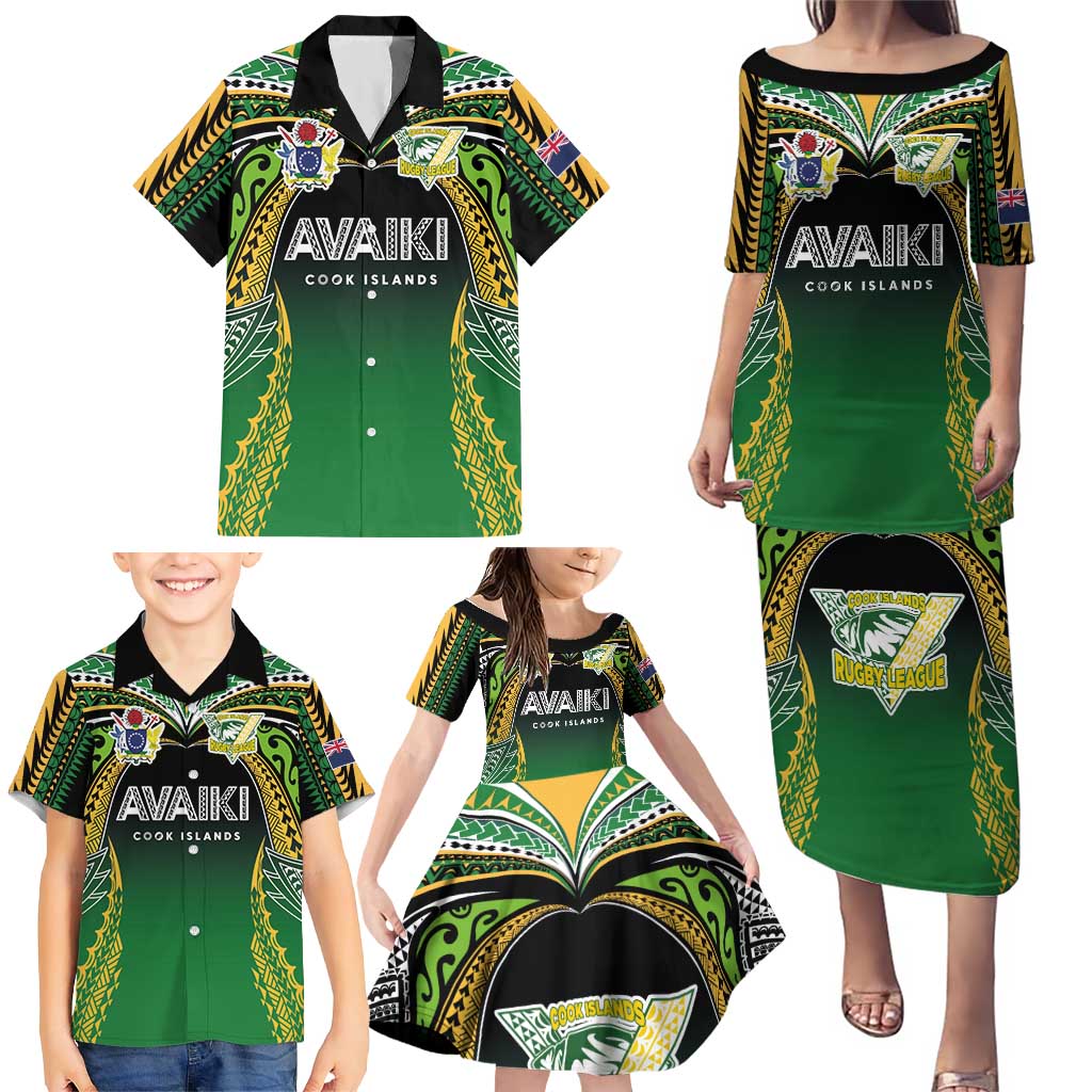Custom Cook Islands Rugby League Family Matching Puletasi and Hawaiian Shirt Avaiki Tatau Tribal Motifs Black Color - Polynesian Pride