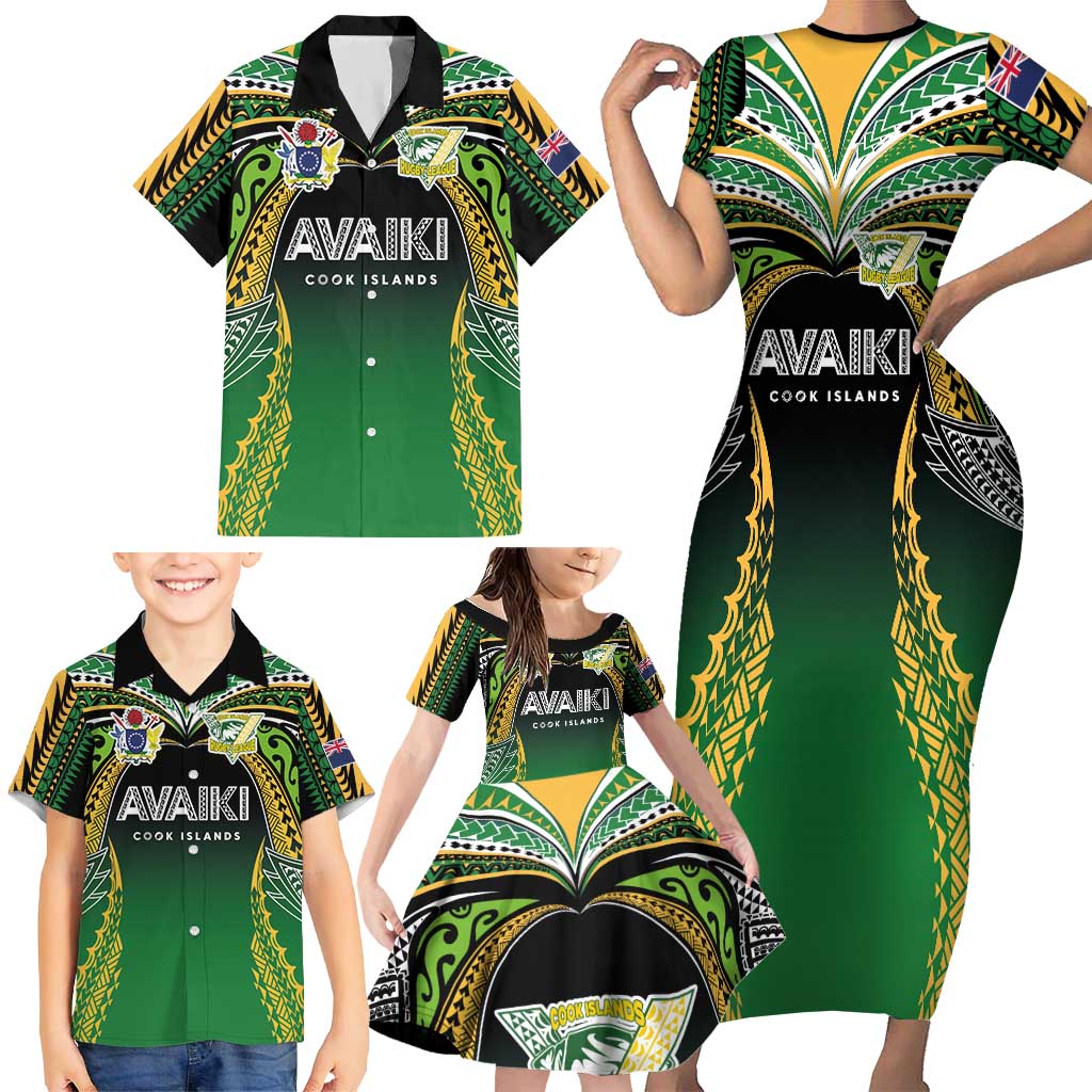 Custom Cook Islands Rugby League Family Matching Short Sleeve Bodycon Dress and Hawaiian Shirt Avaiki Tatau Tribal Motifs Black Color LT03 - Polynesian Pride